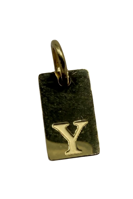 Polished gold rectangular tag with raised letter Y initial