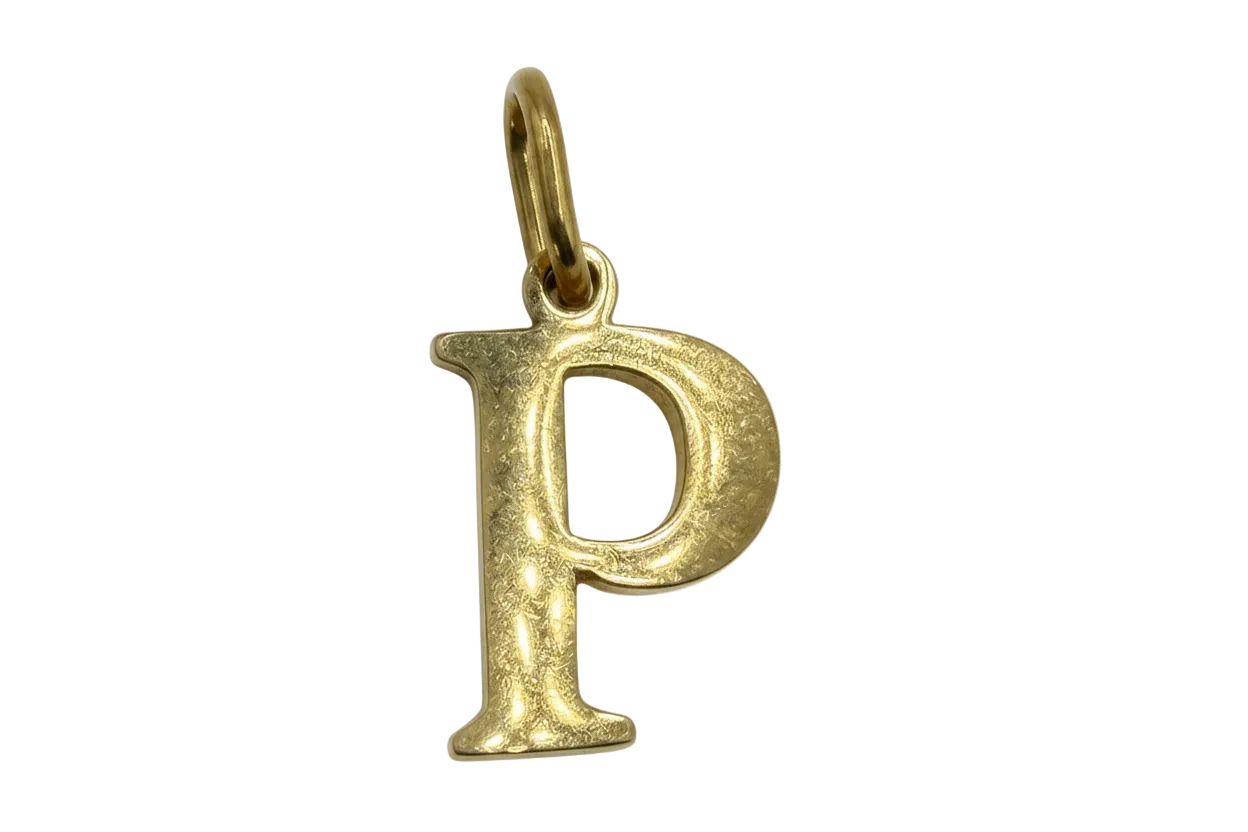 Gold lowercase letter p initial in polished metal finish