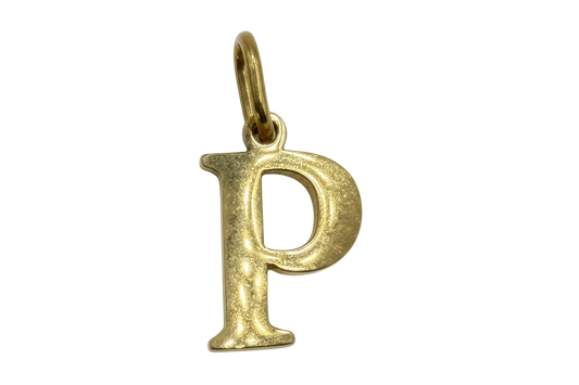 Gold lowercase letter p initial in polished metal finish