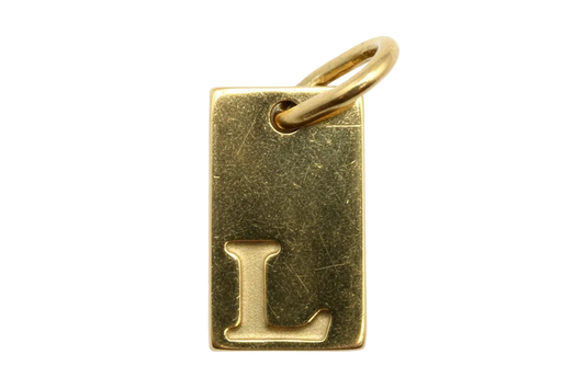 Polished gold rectangular tag with raised letter L initial