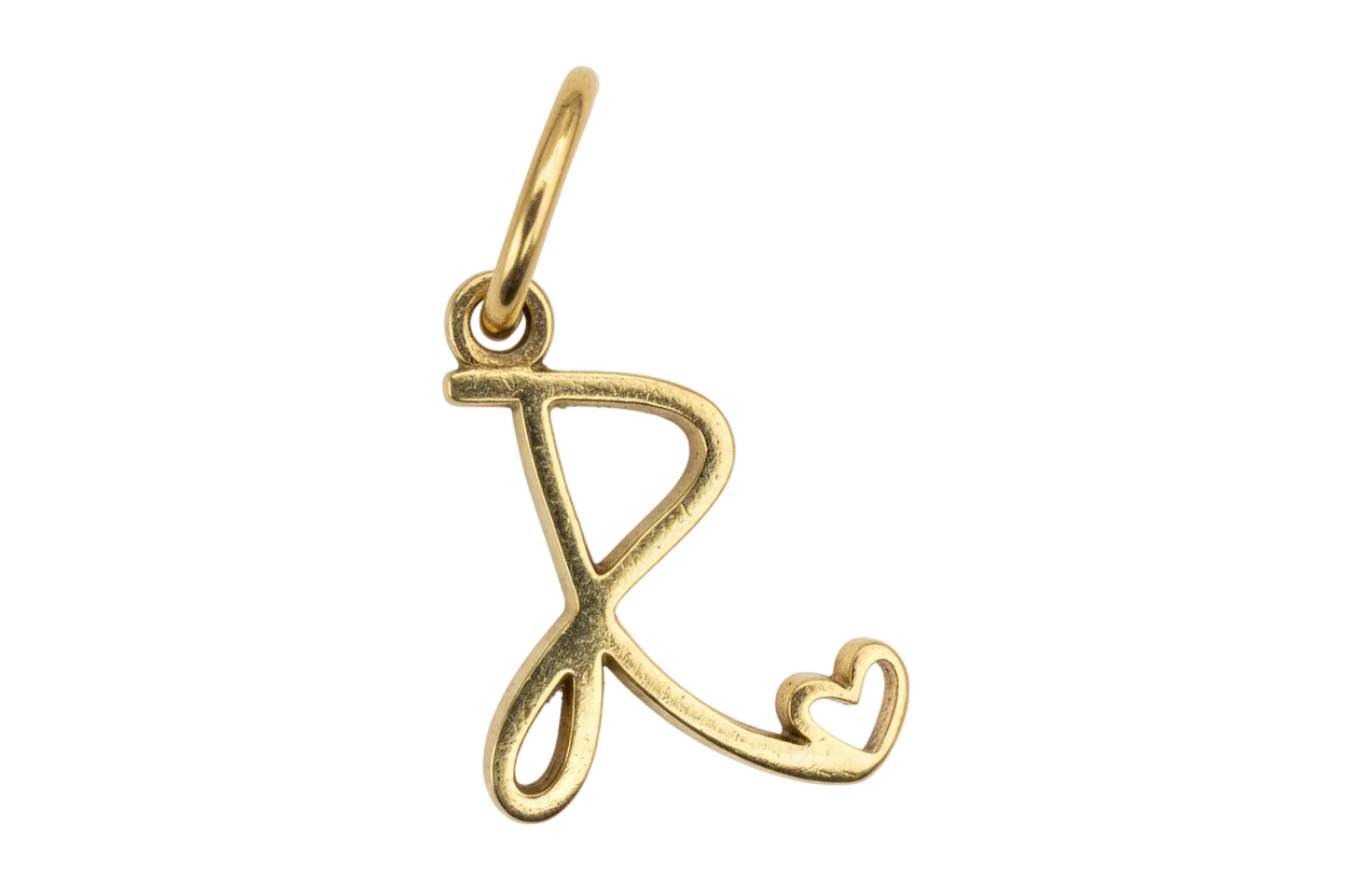 Polished gold script letter L initial with heart tip