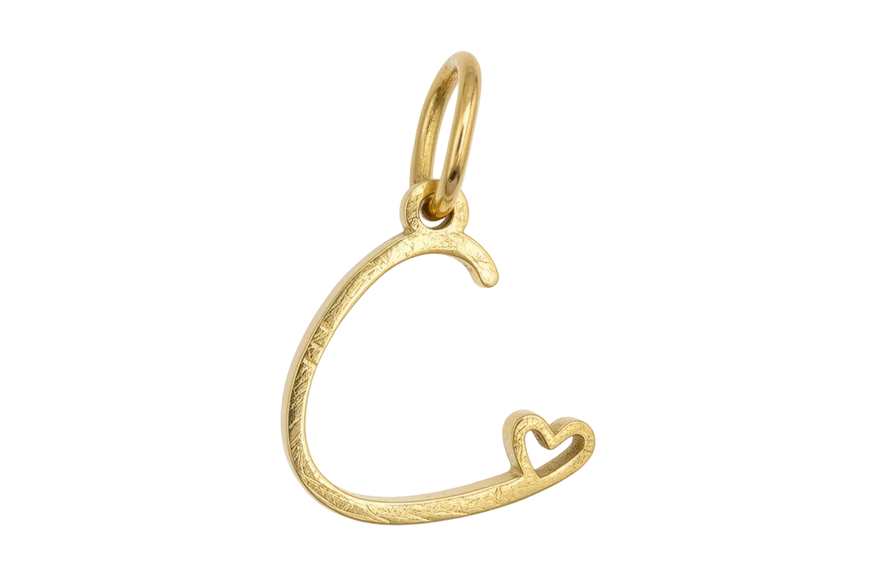 Gold initial C charm with small open-heart detail