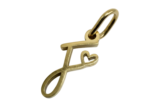 Gold script letter J initial with a small heart accent, polished finish