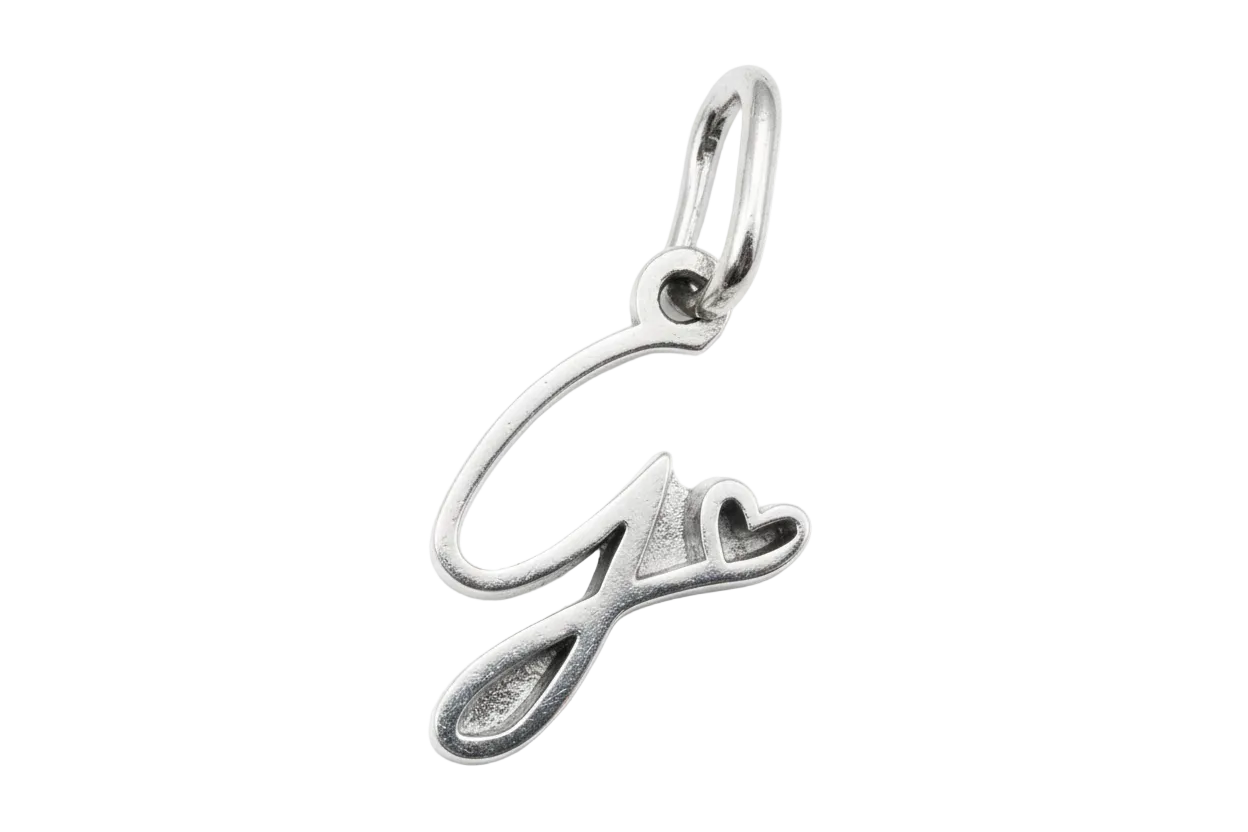 Polished silver script letter F initial with small heart detail