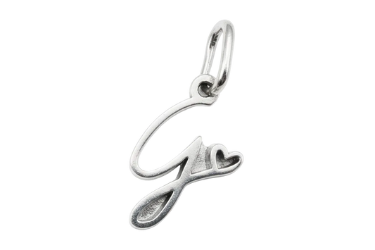 Polished silver script letter F initial with small heart detail