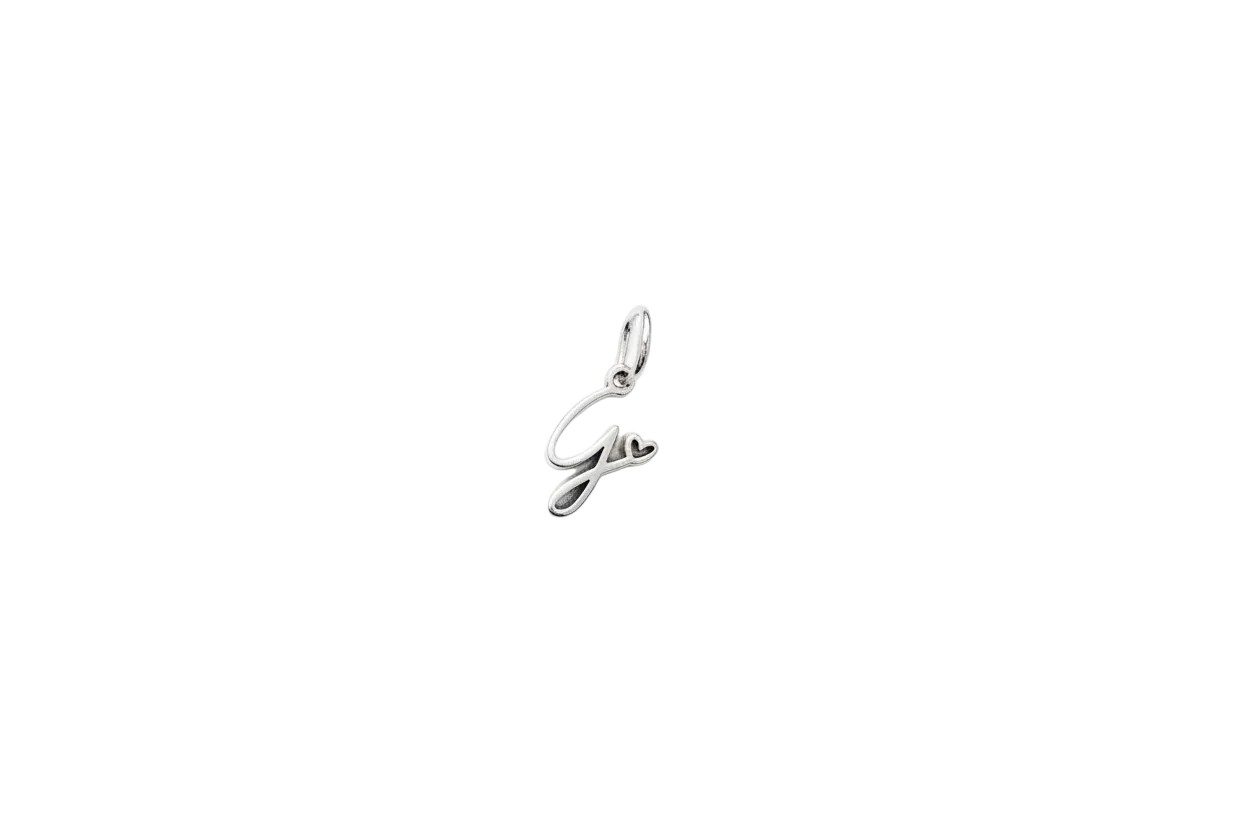 Silver script letter F initial with heart