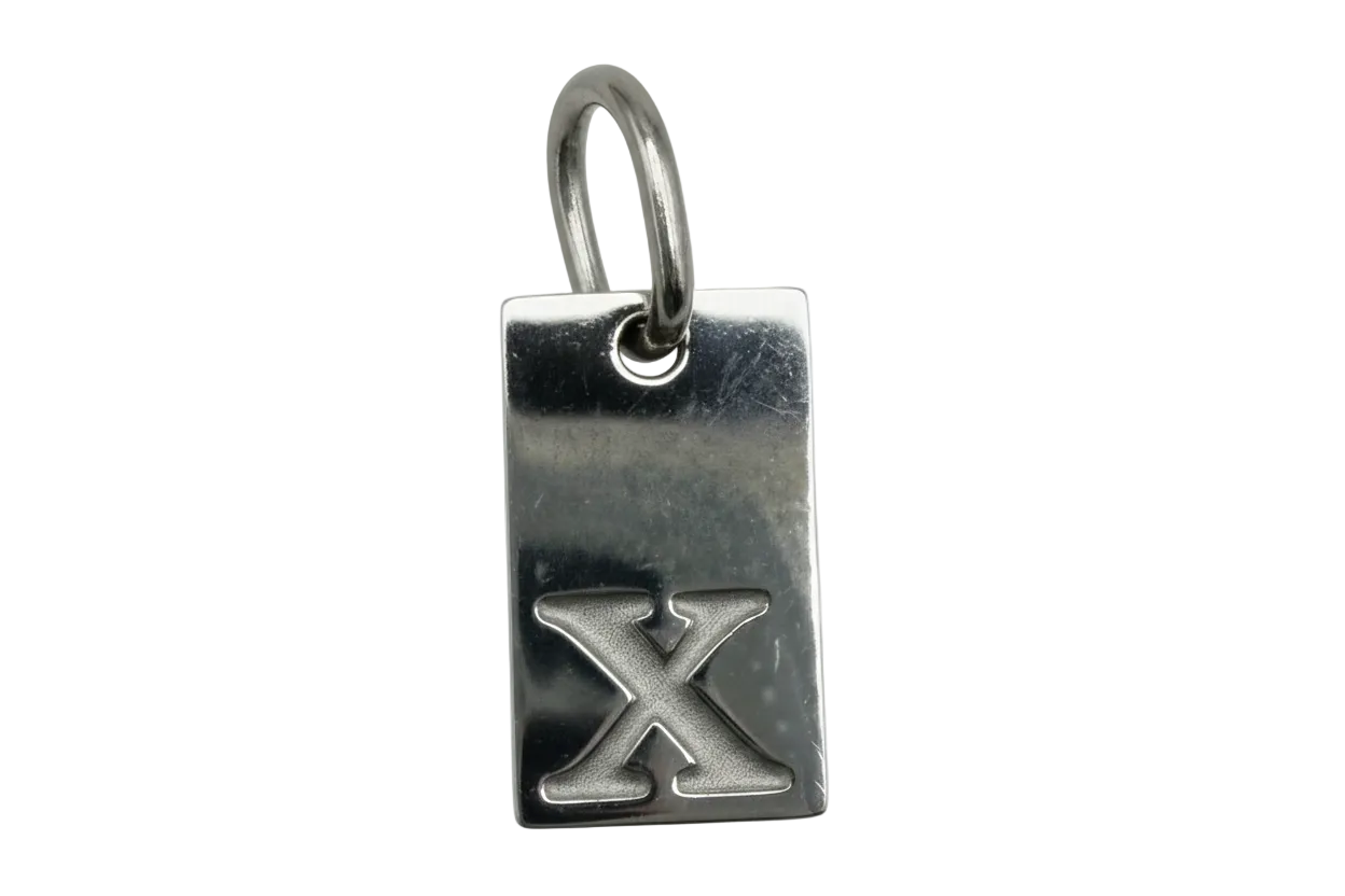 Polished silver rectangular tag with raised letter X