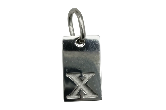 Polished silver rectangular tag with raised letter X