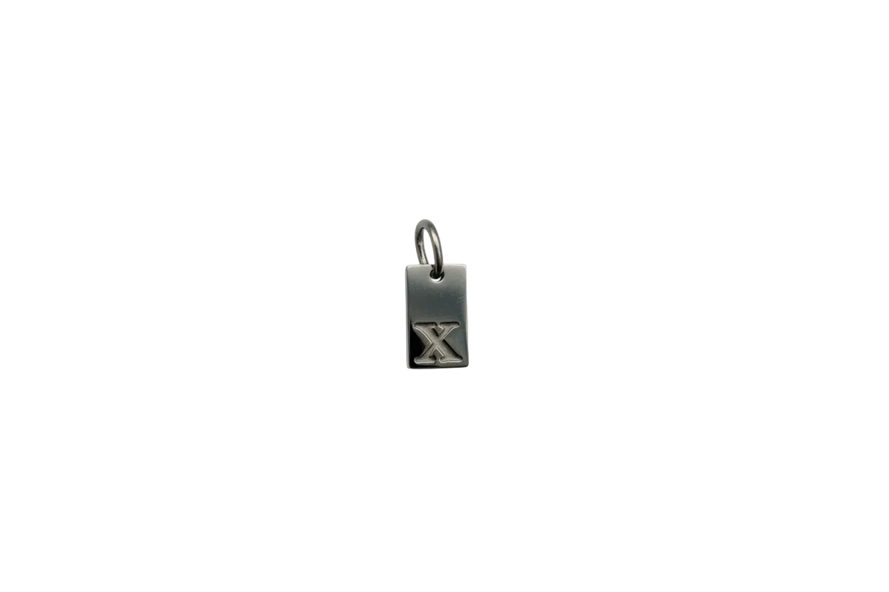 Silver rectangular tag with raised X