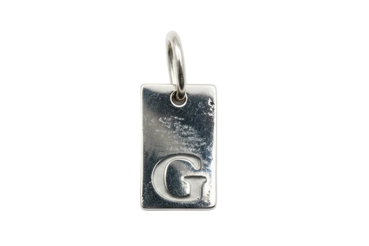 Polished silver rectangular tag with embossed letter G