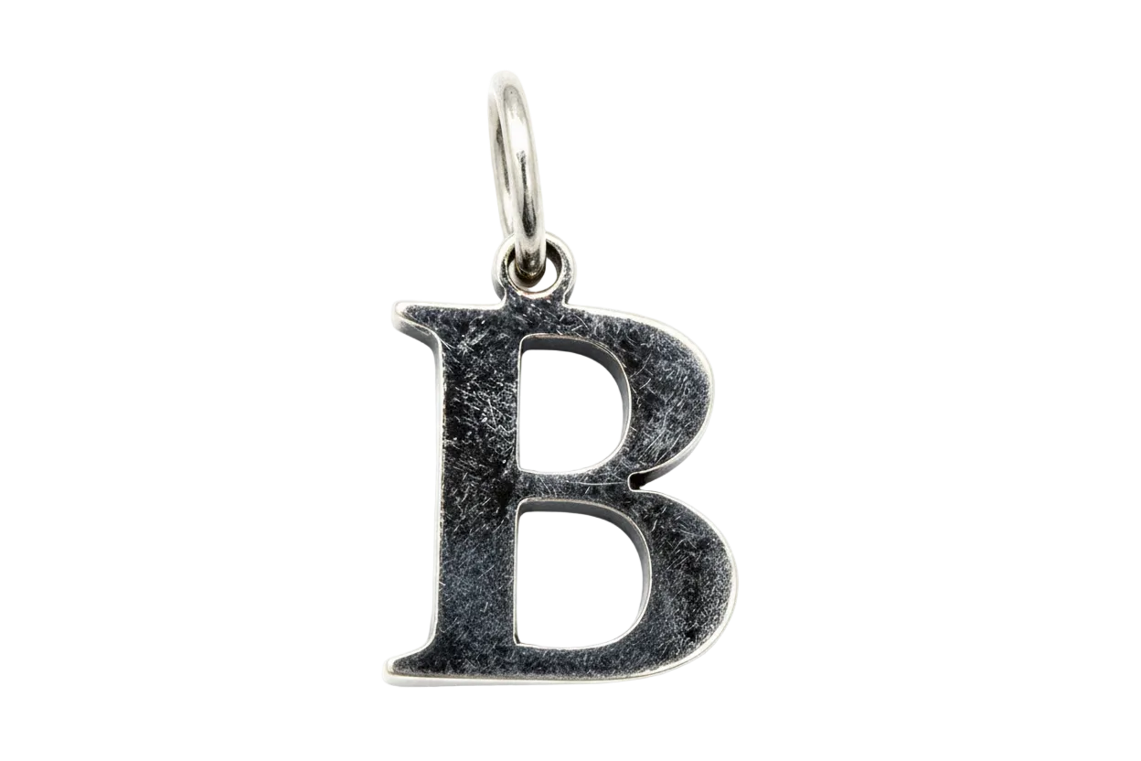 Silver letter B initial charm with vintage patina and cutout details
