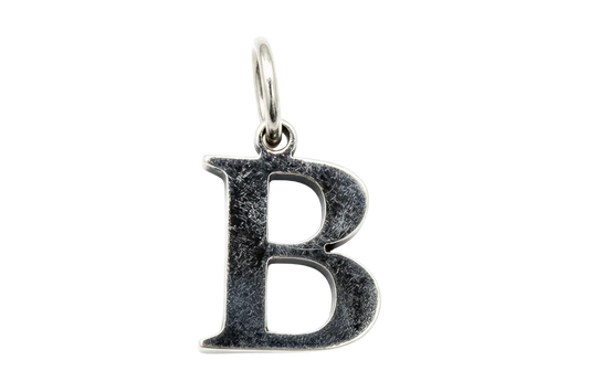 Silver letter B initial charm with vintage patina and cutout details