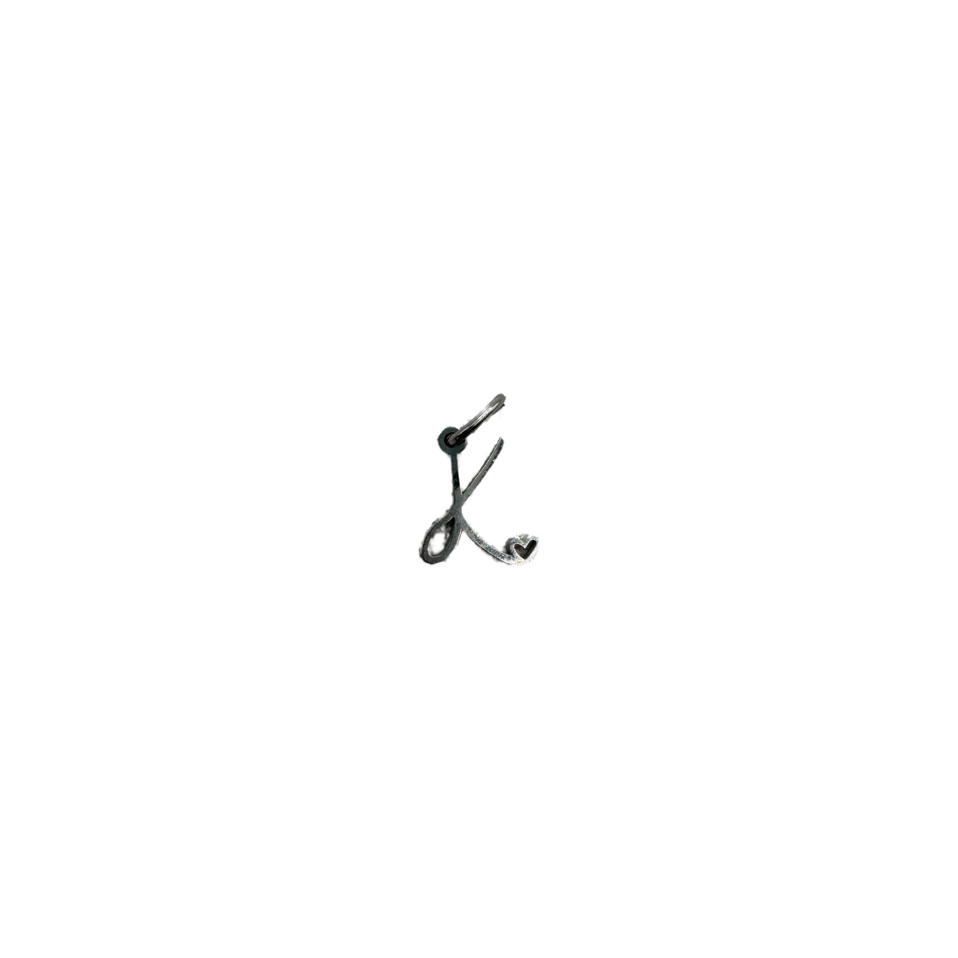 Silver script letter K with heart cutout