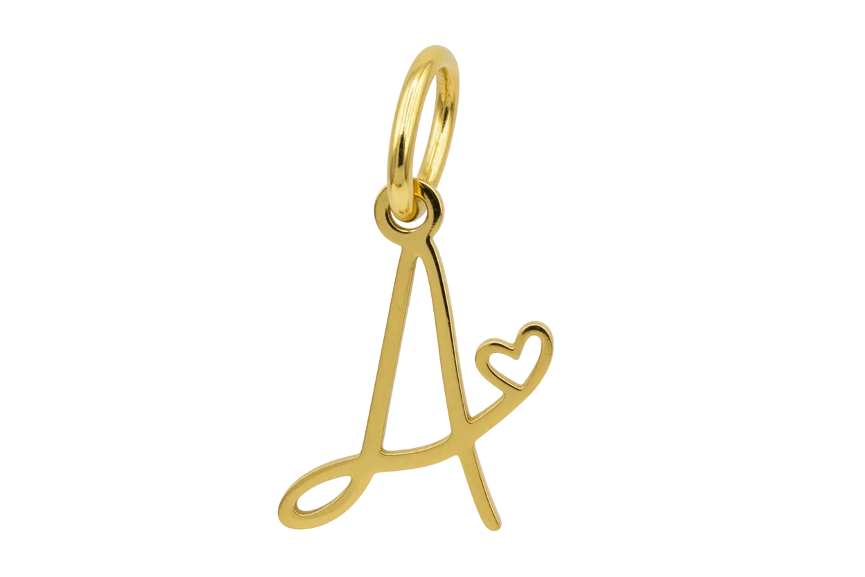 Polished gold letter A initial with small heart accent on black background