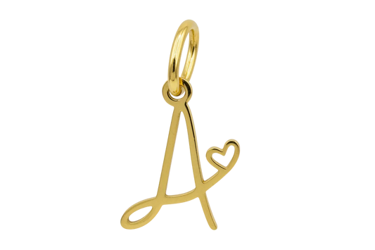 Polished gold letter A initial with small heart accent on black background
