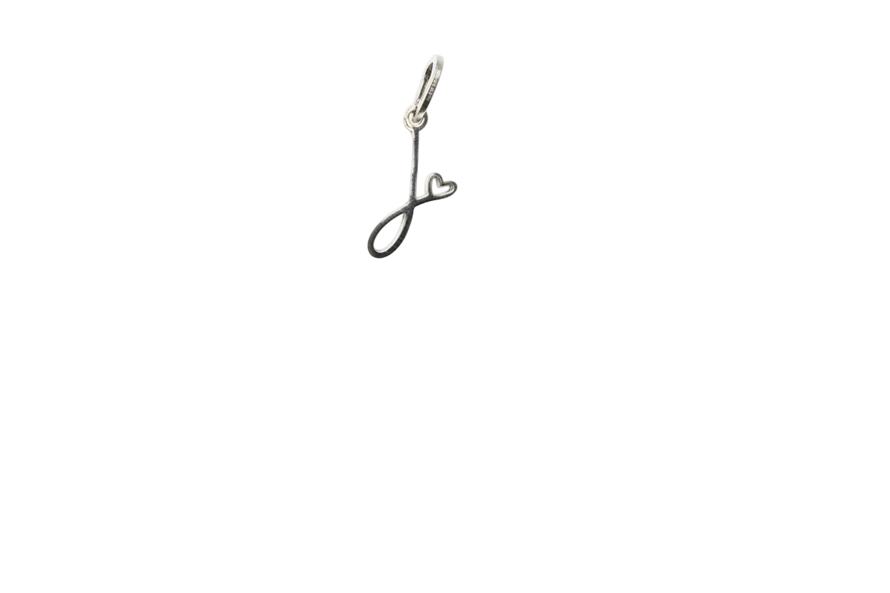 Polished silver music note charm with small heart detail on a black background