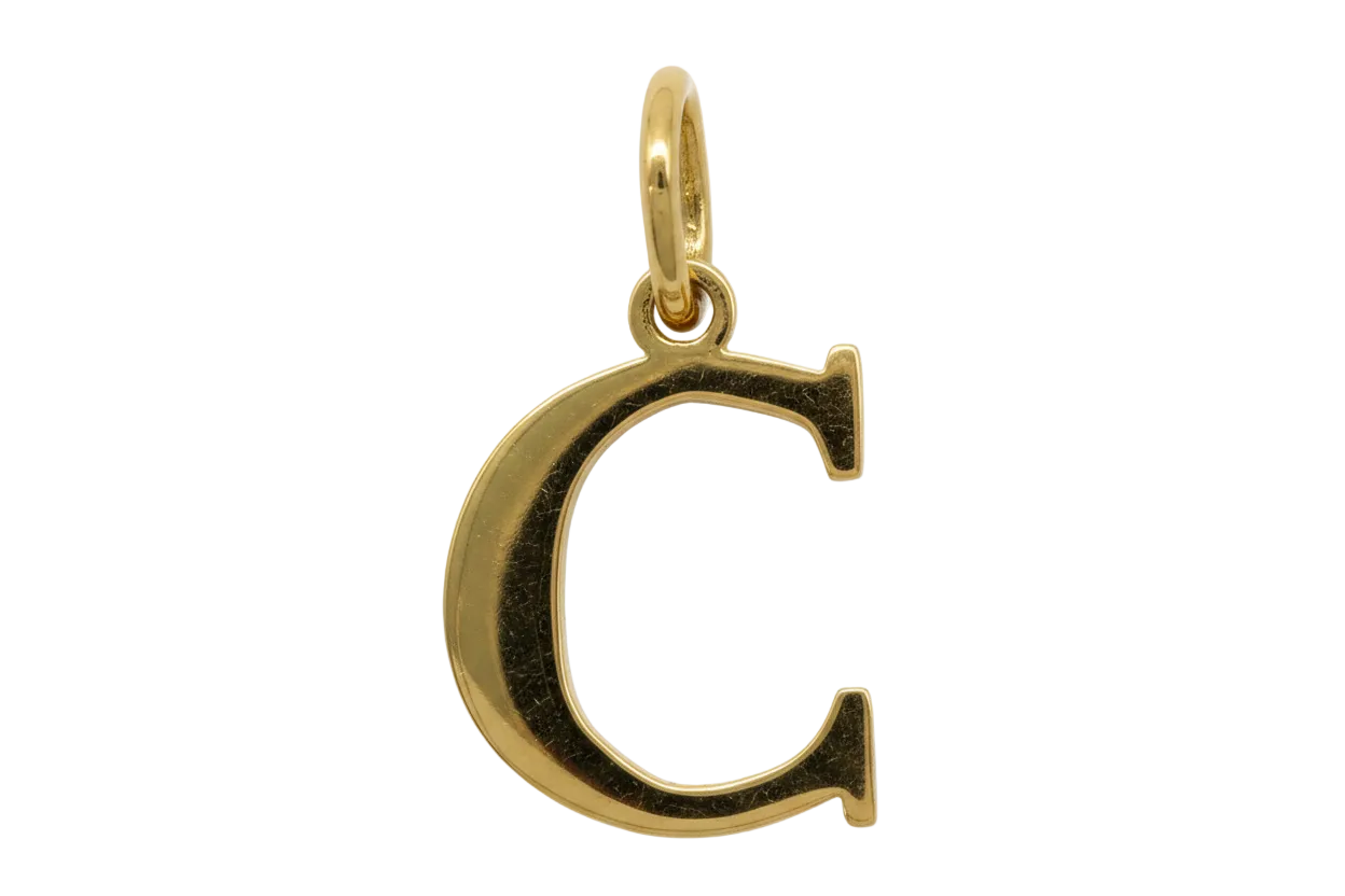 Polished gold letter C initial charm on black background