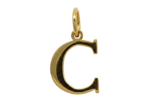 Polished gold letter C initial charm on black background