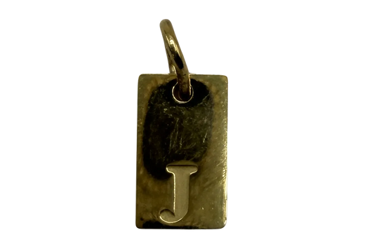 Gold rectangle initial tag with letter J and black accent