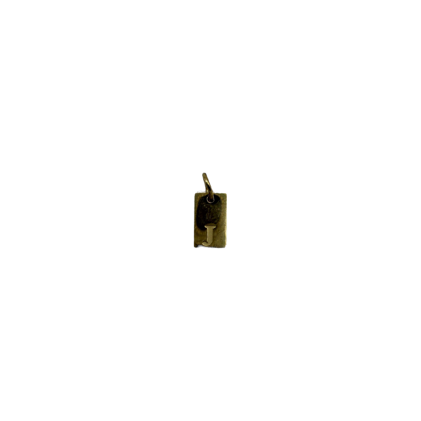 Gold rectangle initial J tag with black accent