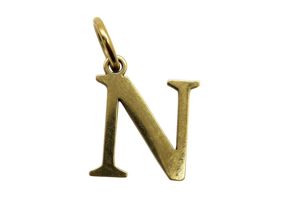 Gold serif letter N initial charm with lightly textured finish