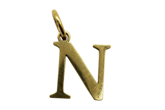 Gold serif letter N initial charm with lightly textured finish