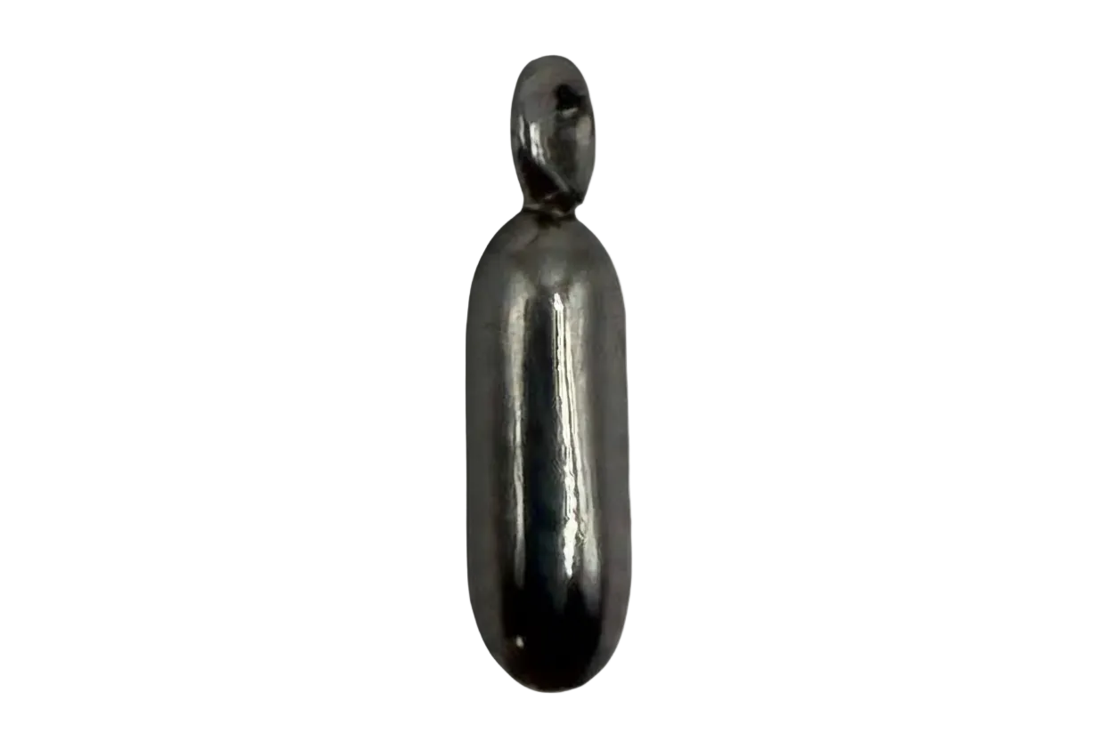 Polished gunmetal capsule-shaped bead with reflective silver-toned finish