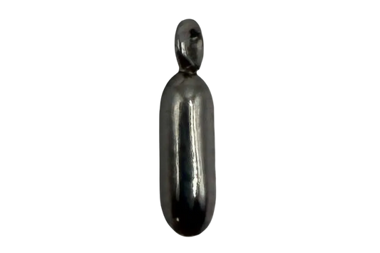 Polished gunmetal capsule-shaped bead with reflective silver-toned finish