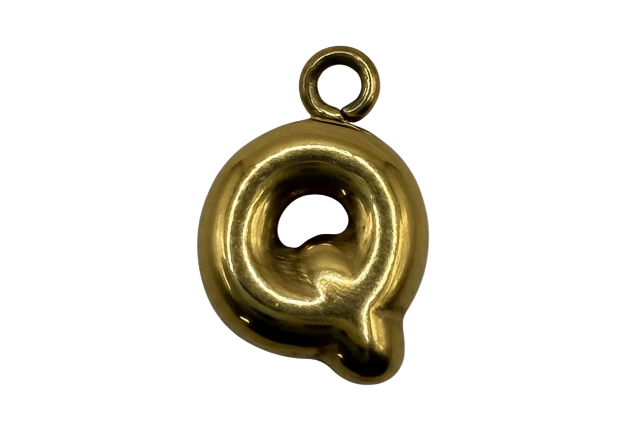 Polished gold speech bubble charm with recessed center on black background