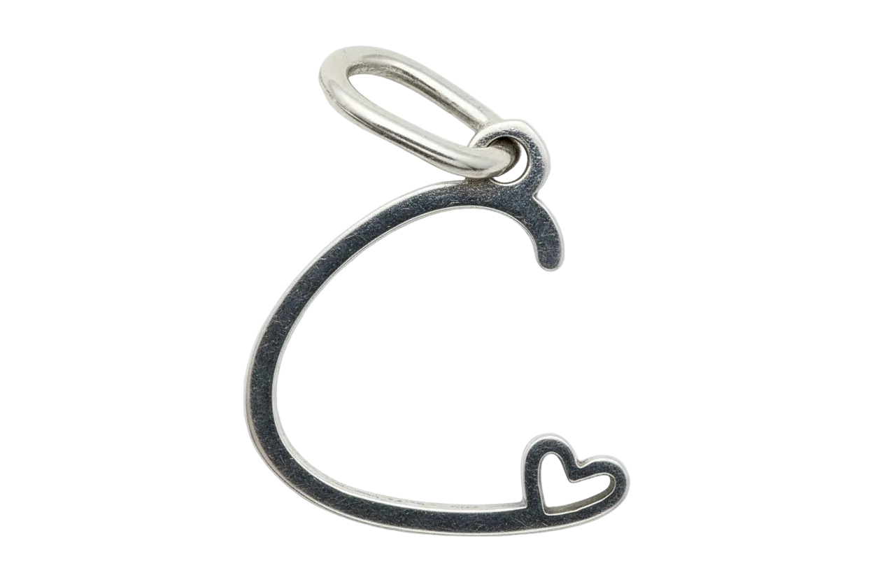 Polished silver script letter C with a small heart detail