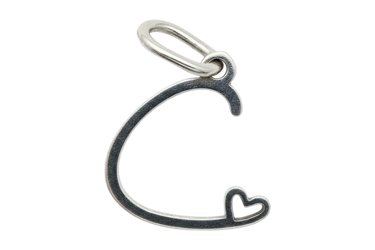 Polished silver script letter C with a small heart detail