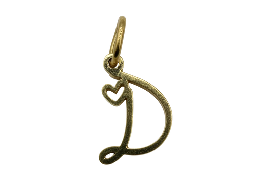 Gold letter D with small heart cutout detail and textured finish