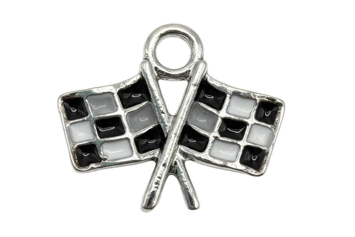 Polished silver crossed checkered flags with black and white enamel squares