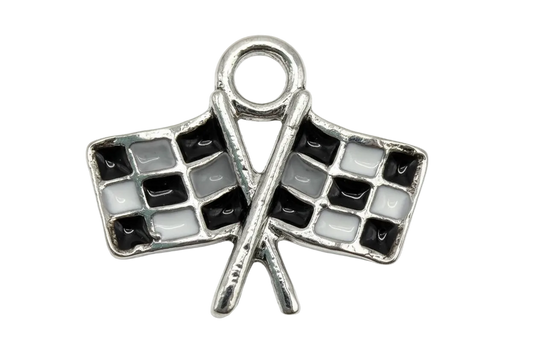 Polished silver crossed checkered flags with black and white enamel squares