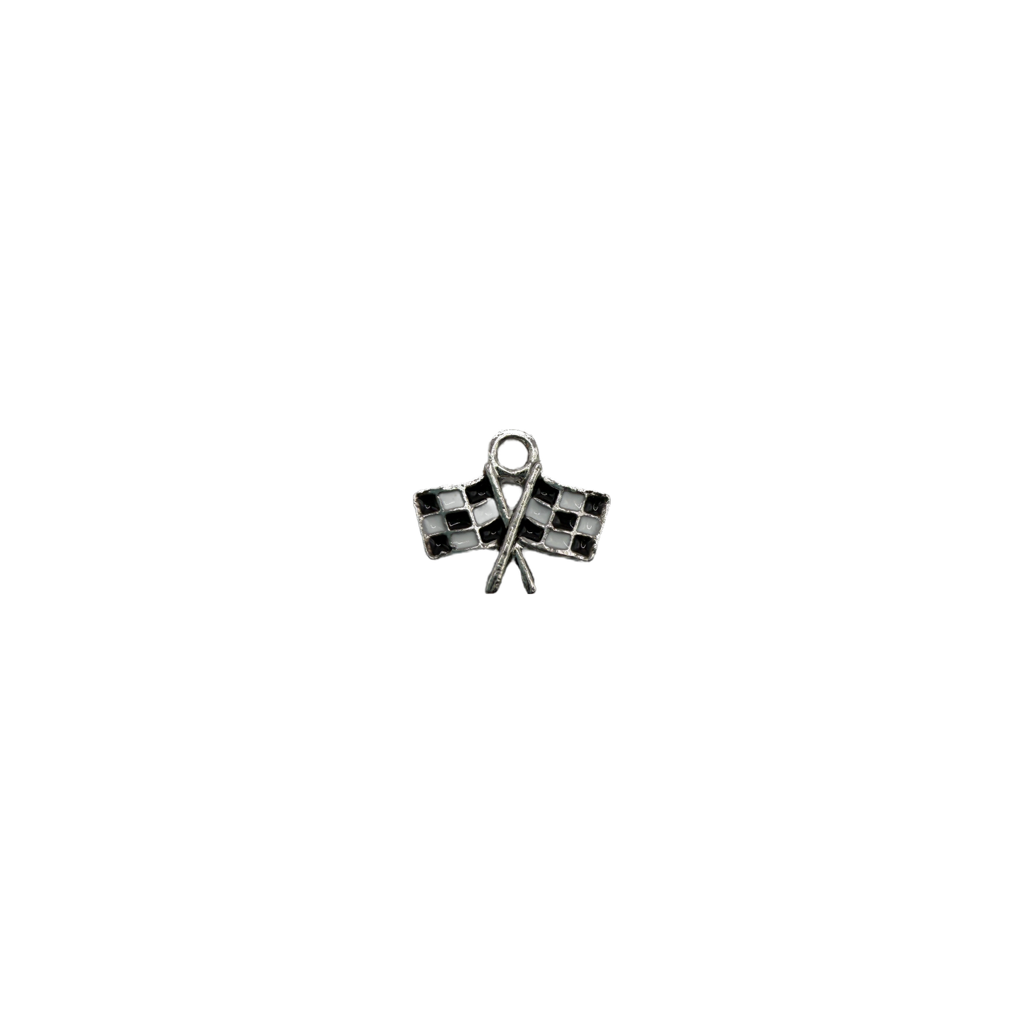 Silver crossed checkered flags with black and white enamel