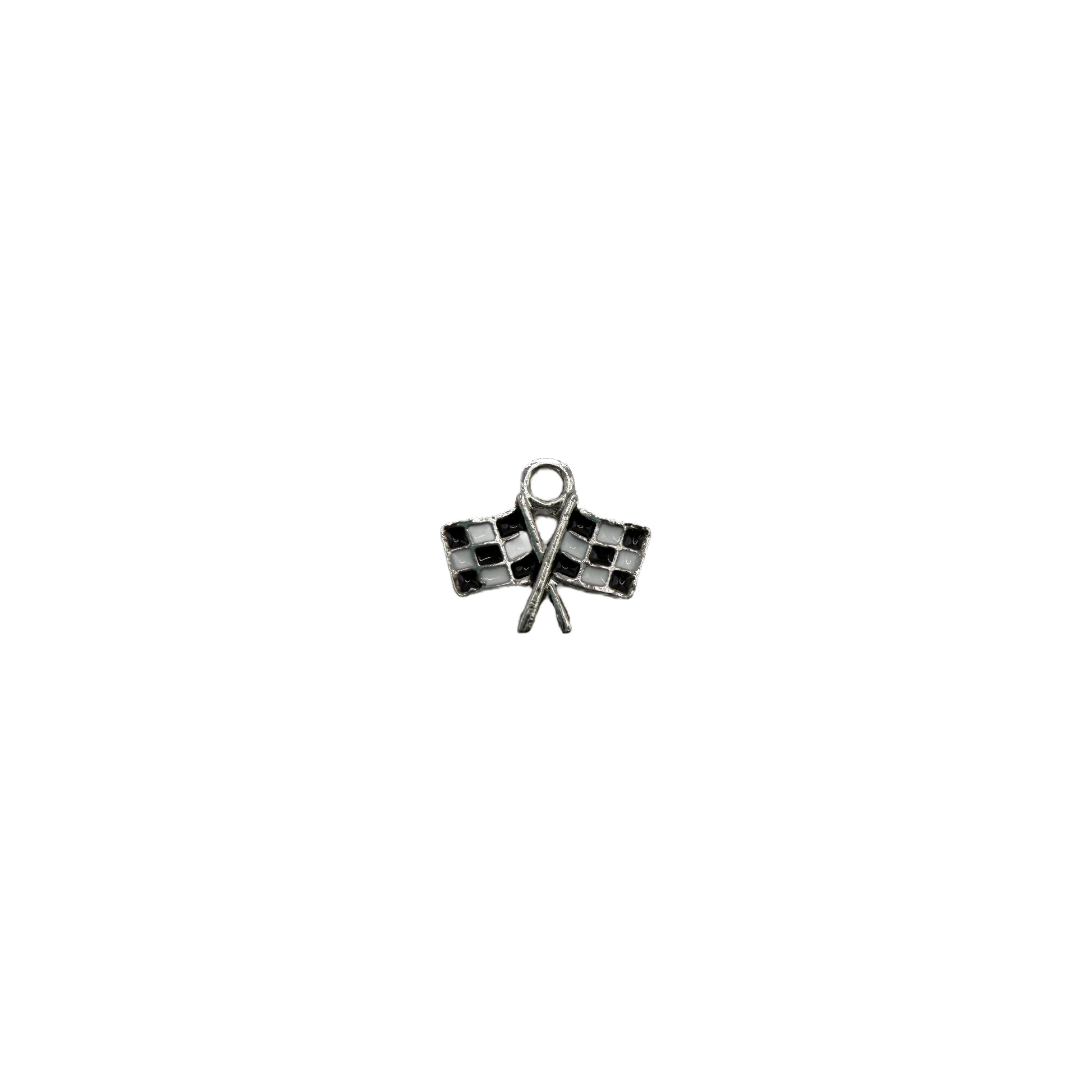 Silver crossed checkered flags with black and white enamel