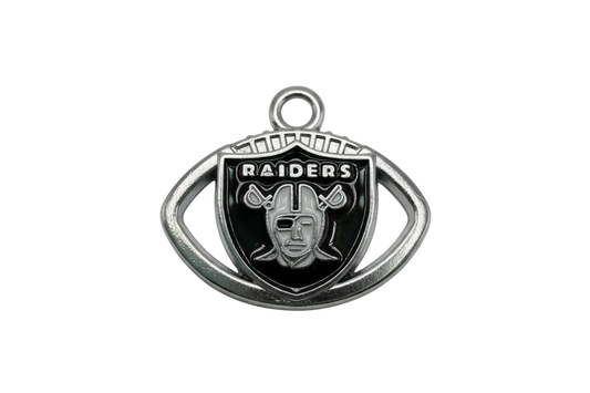 Silver-tone shield emblem with glossy black enamel and raised football helmet motif