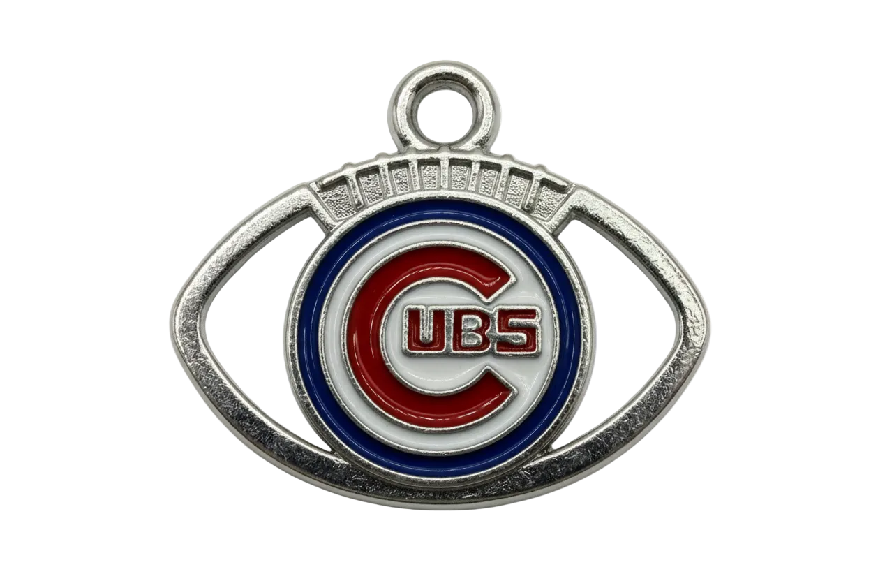 Silver football-shaped enamel charm with red letter emblem, navy ring, and white center