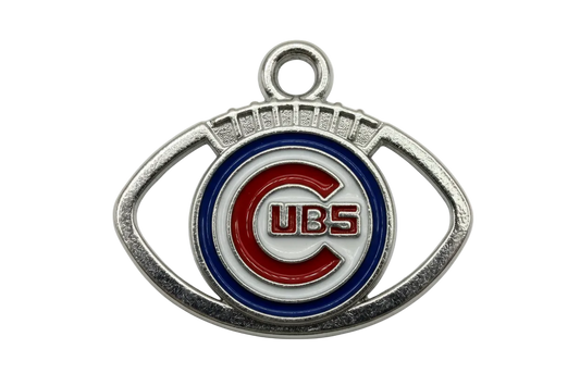 Silver football-shaped enamel charm with red letter emblem, navy ring, and white center