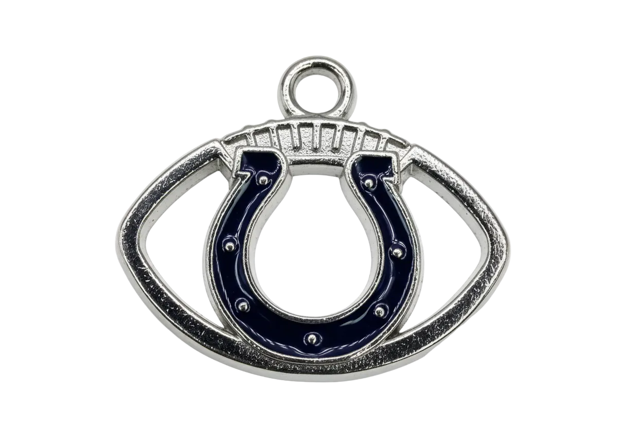 Silver eye talisman charm with glossy navy horseshoe and engraved center detail