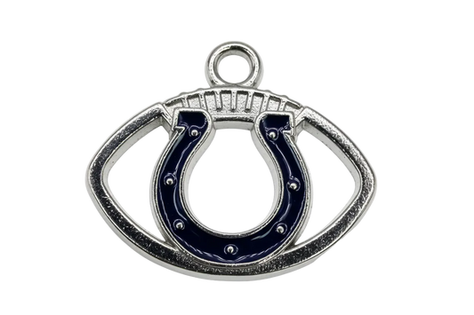 Silver eye talisman charm with glossy navy horseshoe and engraved center detail