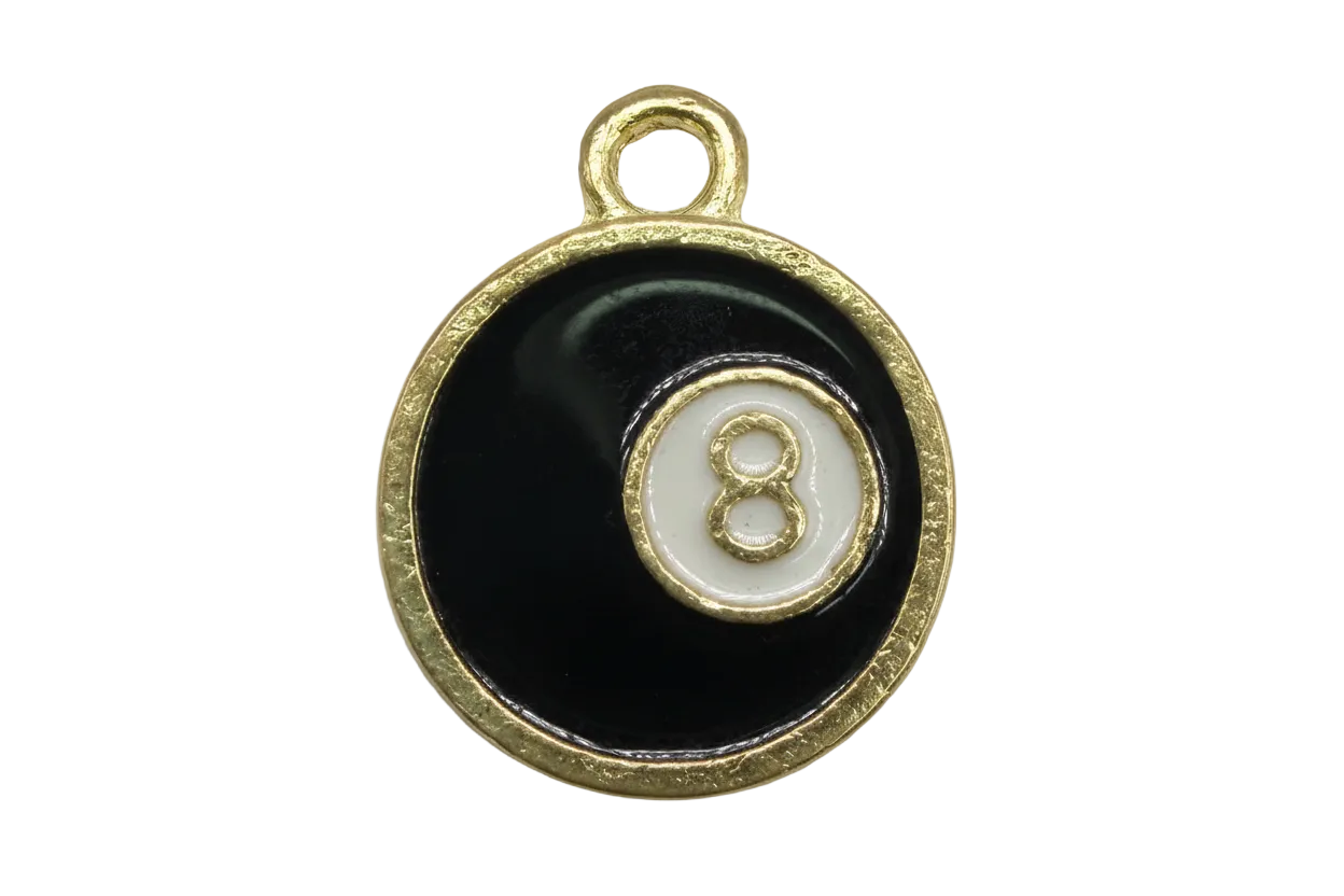 Glossy black eight ball disc with white center and gold number 8, framed in gold