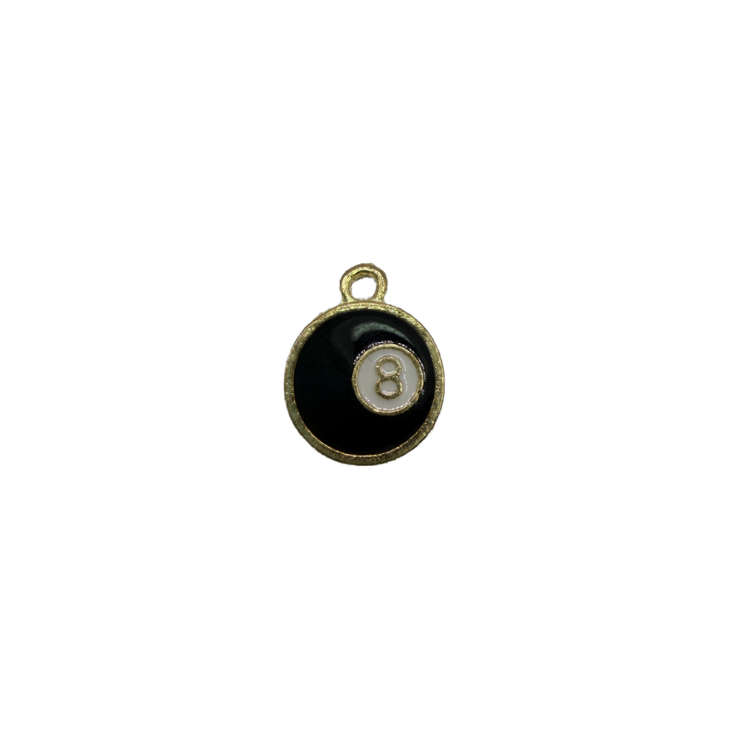 Black eight ball disc with white center and gold number 8