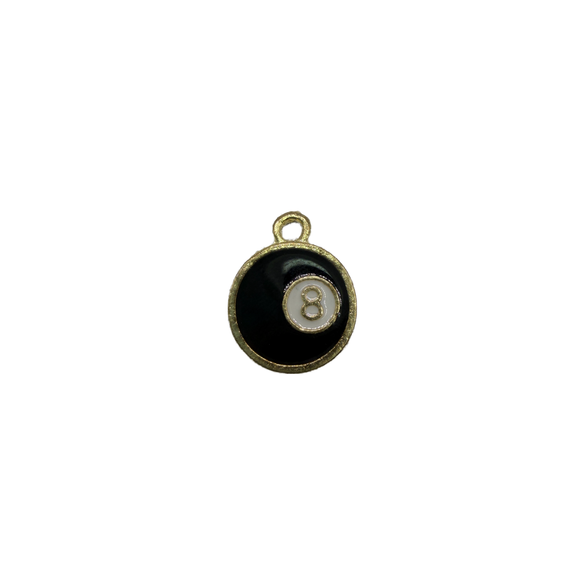 Black eight ball disc with white center and gold number 8