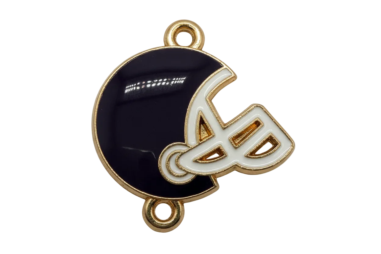 Midnight blue enamel football helmet with white face mask and gold outline