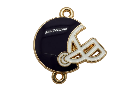 Midnight blue enamel football helmet with white face mask and gold outline