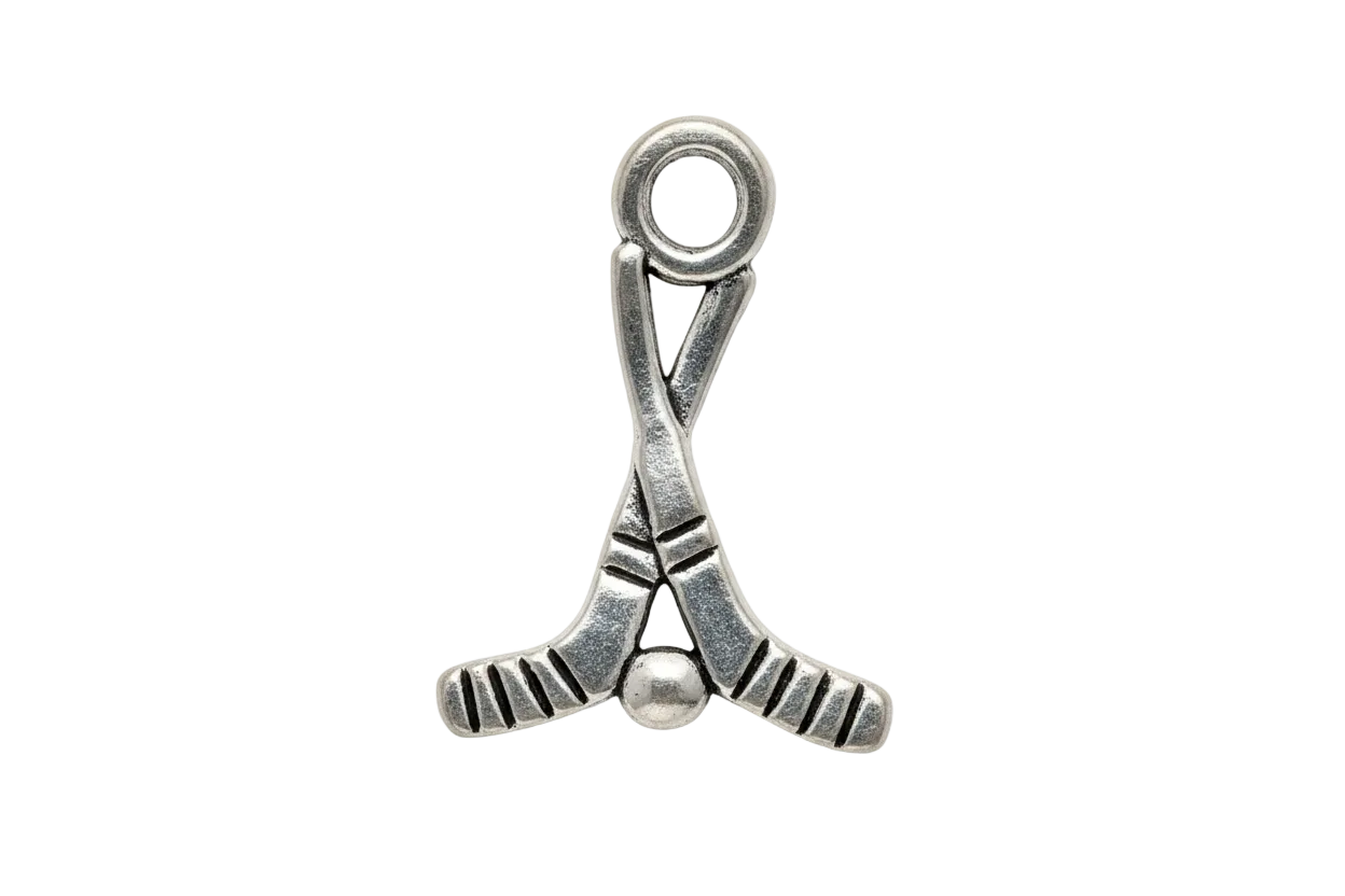Silver crossed hockey sticks with a small puck detail, antiqued finish