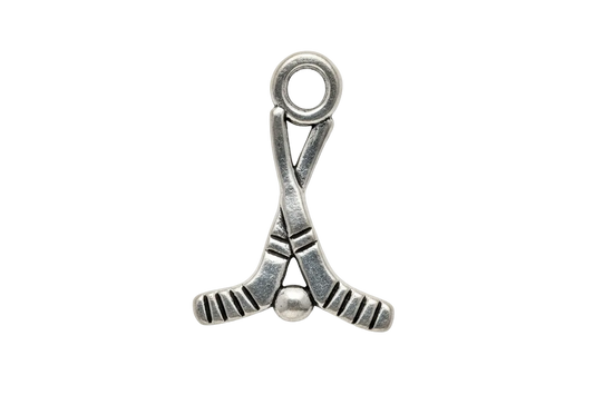 Silver crossed hockey sticks with a small puck detail, antiqued finish