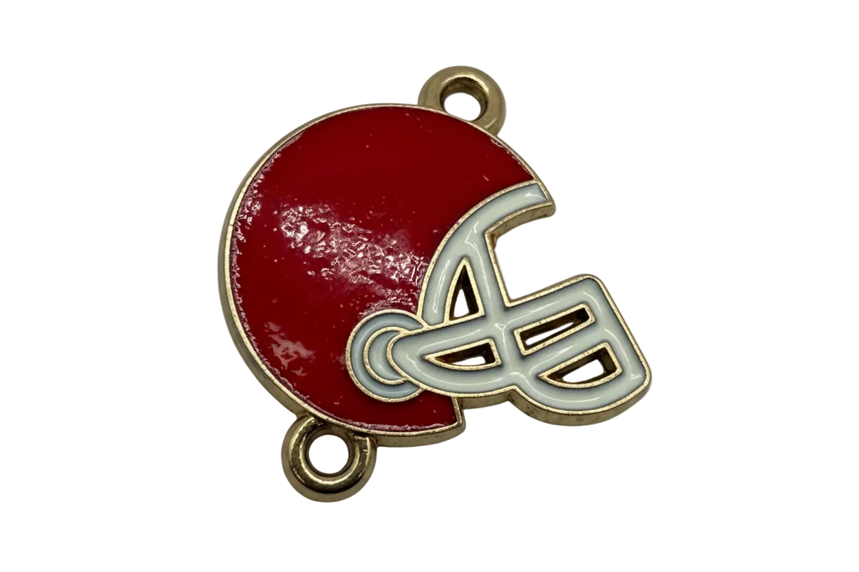 Red football helmet charm with white face mask detailing and gold outline