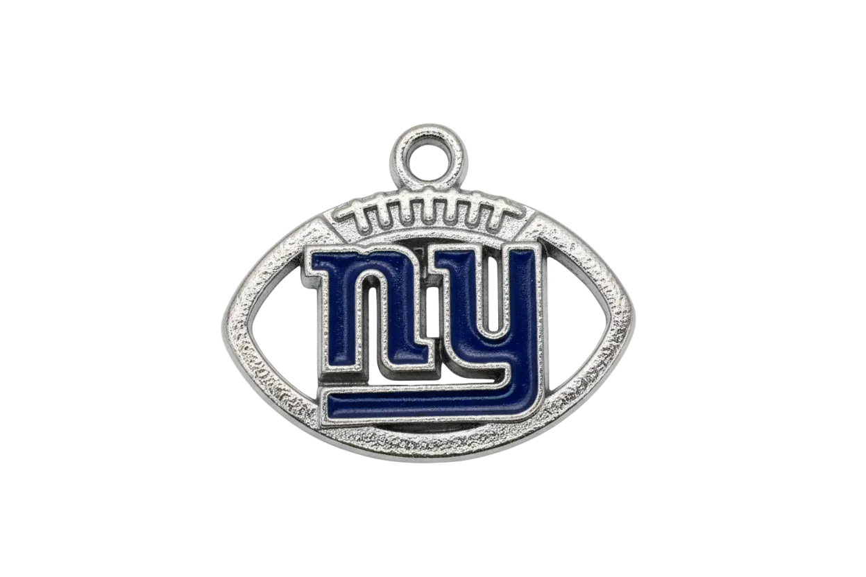 Silver football emblem with navy enamel interlocking initials and textured border
